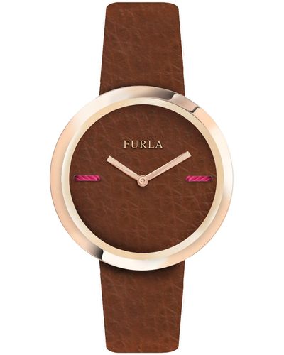 Furla My Piper Dial Calfskin Leather Watch - Brown