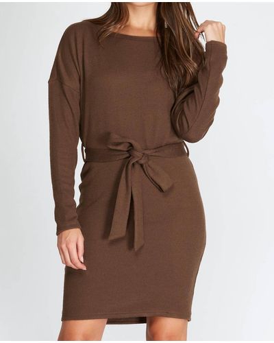 She + Sky Dolman Long Sleeve Boatneck Sweater Dress - Brown