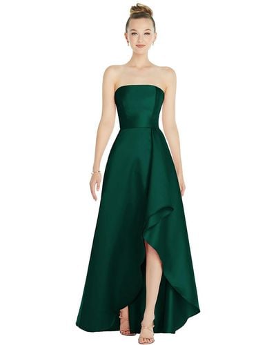 Alfred Sung Strapless Satin Gown With Draped Front Slit And Pockets - Green