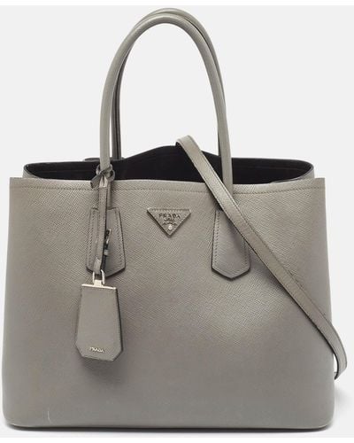 Prada Saffiano Cuir Leather Large Double Handle Tote - Gray