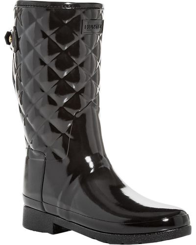HUNTER Refined Gloss Quilt Short Mid-calf Pull On Rain Boots - Black
