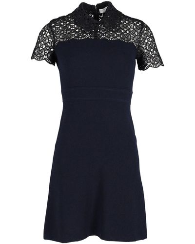 Sandro Sandro Collared Lace-trim Dress In Navy Cotton - Blue
