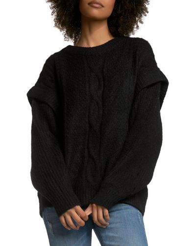 Elan Cable Knit Drop Shoulder Pullover Sweater - Black