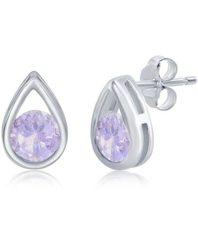 Simona Sterling Silver Pearshaped Earrings W/round 'october Birthstone' Gemstone Studs - Amethyst - Pink
