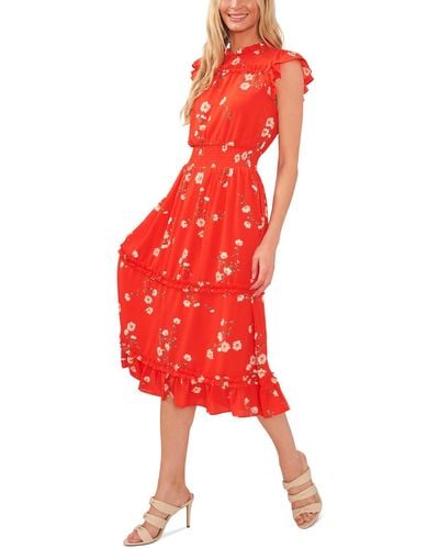 Cece Floral Print Polyester Midi Dress - Red