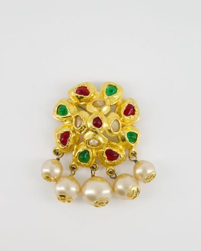 Chanel Vintage Gold Camelia Brooch With Multi-colour Stones And Pearls - Red