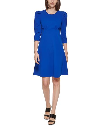Calvin Klein Petites Puff Sleeve Above Knee Fit & Flare Dress - Blue