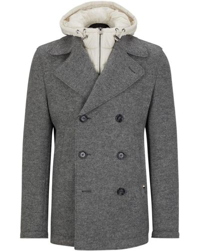 BOSS Virgin-wool Slim-fit Coat With Hooded Inner - Gray