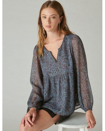 Lucky Brand Open Neck Printed Peasant Top - Gray