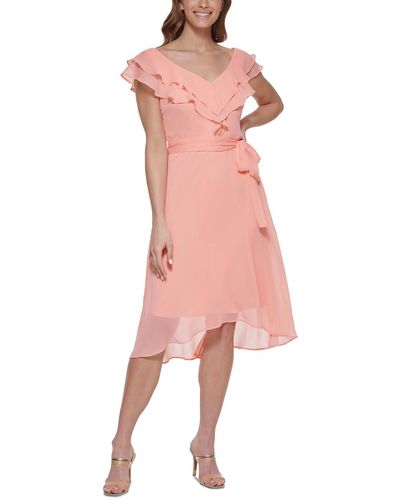 DKNY Petites Ruffled Calf Midi Dress - Pink