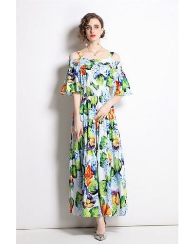 Kaimilan Light Blue & Green Floral Print Day A-line Strap Off The Shoulder Tea Dress - White