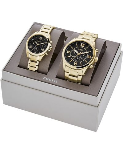 Fossil His And Her Chronograph Gold-tone Stainless Steel Watch Gift Set Jewelry - Metallic