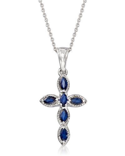 Ross-Simons Marquise Sapphire Cross Pendant Necklace - Metallic
