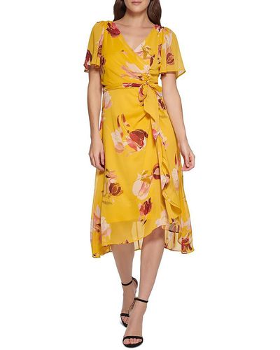 DKNY Chiffon Floral Fit & Flare Dress - Yellow