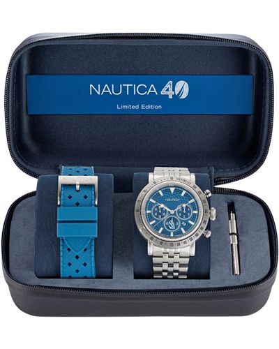 Nautica Spettacolare 40th Anniversary Stainless Steel And Silicone Watch Box Set - Blue