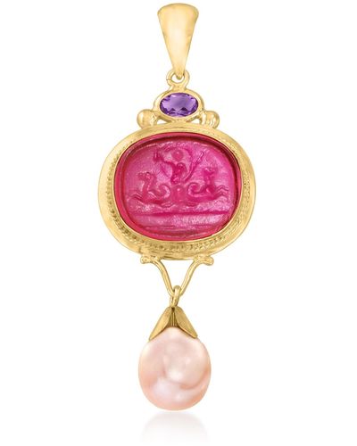 Ross-Simons Italian 10.5-11mm Pink Cultured Pearl, . Amethyst And Pink Venetian Glass Intaglio Pendant