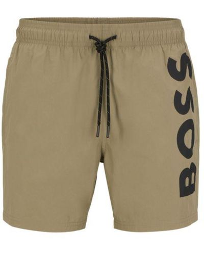 BOSS Quick-dry Swim Shorts With Large Logo Print - Natural