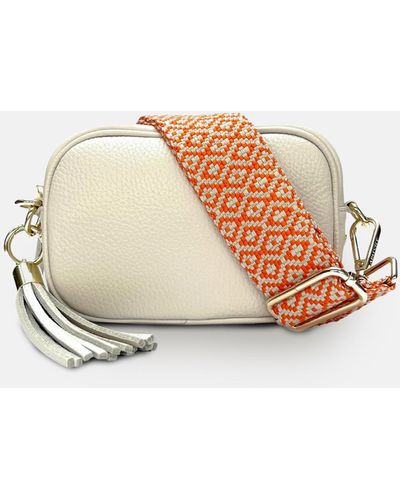 Apatchy London The Mini Tassel Stone Leather Phone Bag With Orange Cross-stitch Strap - Natural