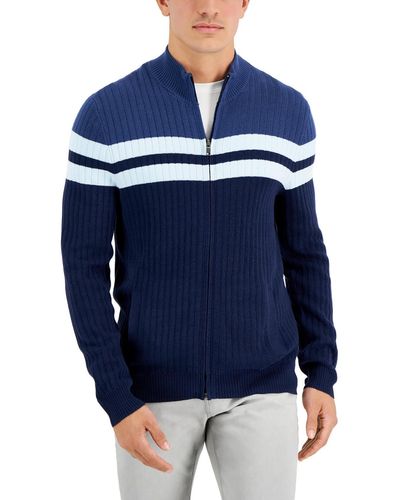 Alfani Mock Neck Colorblock Full Zip Sweater - Blue