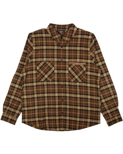 Amiri Brown Leather Logo Flannel Button Down Shirt