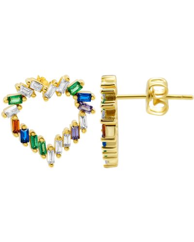 Adornia 14k Gold Plated Rainbow Baguette Open Heart Studs Earrings - Metallic