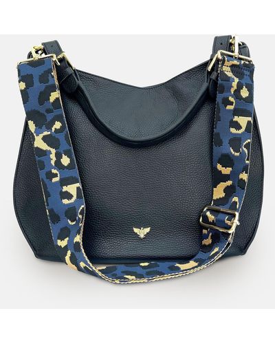 Apatchy London The Harriet Black Leather Bag With Navy Leopard Strap - Blue