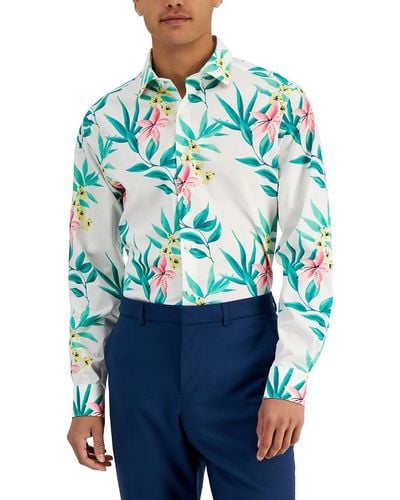BarIII Tropical Organic Cotton Slim Fit Button-down Shirt - Blue
