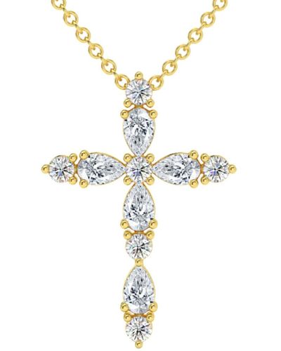 Pompeii3 3/4ct Diamond Cross Round & Pear Shape 14k Gold Necklace Lab Grown 1" Tall - Metallic