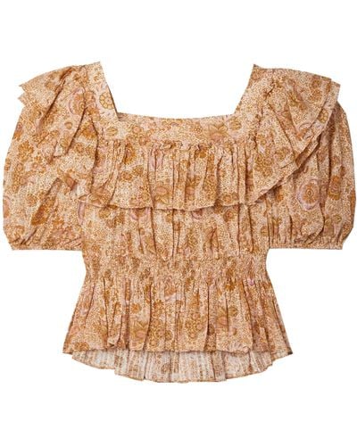 Ulla Johnson Warner Shirred Ruffled Printed Cotton-blend Voile Blouse - Brown