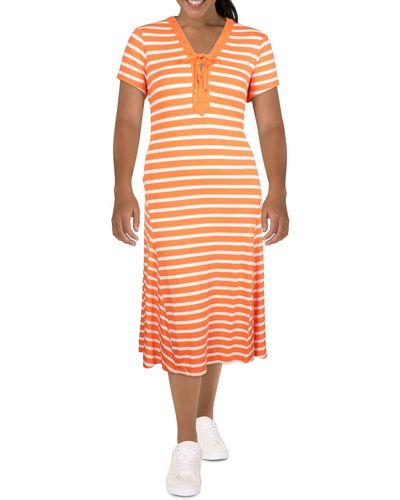 Lauren by Ralph Lauren Striped Lace-up Midi Dress - Orange