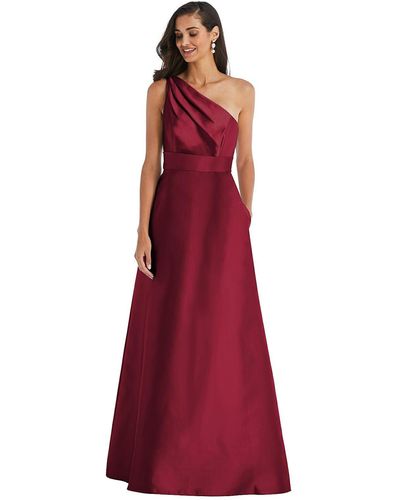 Alfred Sung Draped One-shoulder Satin Maxi Dress With Pockets - Red