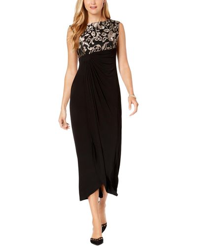 Connected Apparel Petites Faux-wrap Embroidered Evening Dress - Black