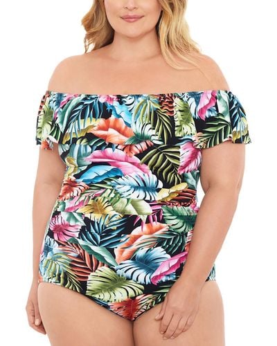 Swim Solutions Plus Off-the-shoulder Printed One-piece Swimsuit - Blue