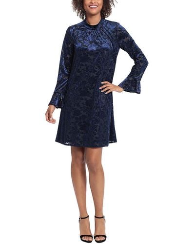 London Times Plus Velvet Mini Fit & Flare Dress - Blue