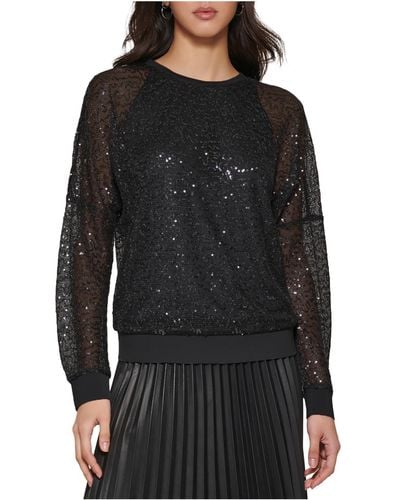 DKNY Sequined Metallic Pullover Top - Black