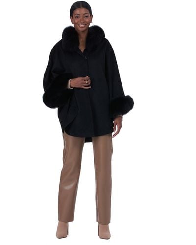 Gorski Wool And Cashmere Blend Cape With Fox Collar And Trim - Black