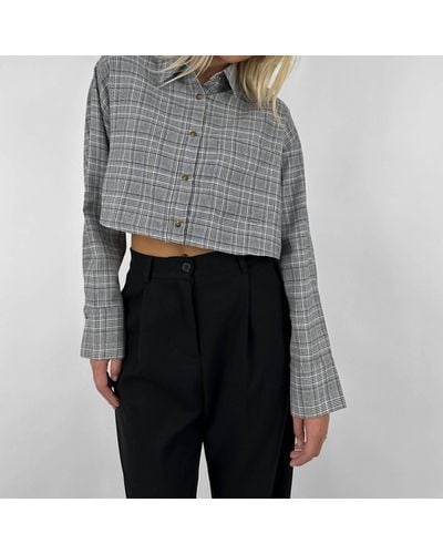 Nia Plaid Cropped Button Down Top - Gray