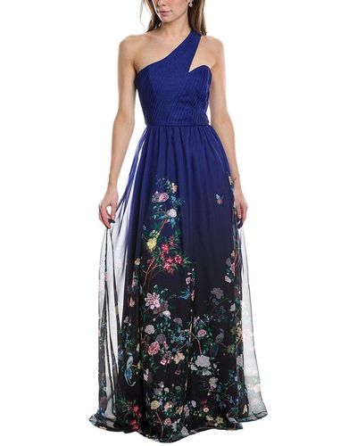 Marchesa One-shoulder Asymmetrical Gown - Blue