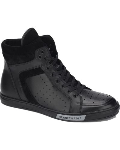 Kenneth Cole Brand High Top Leather Cushioned Footbed Fashion Sneakers - Black