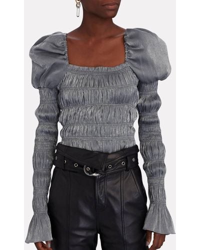 Caroline Constas Delilah Metallic Weave Long Sleeve Ruched Slate Top - Gray