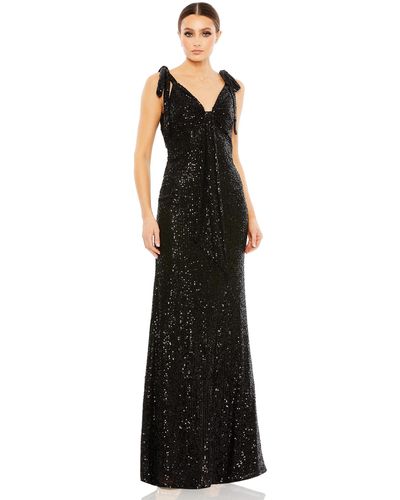 Ieena for Mac Duggal Sequined Low Back Bow Shoulder Gown - Black