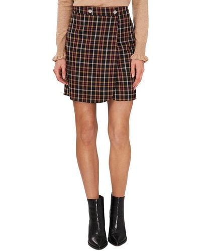 Cece Plaid Faux Wrap A-line Skirt - Black