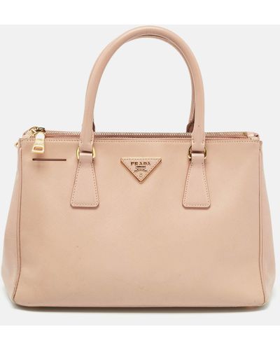 Prada Light Saffiano Lux Leather Small Double Zip Tote - Natural