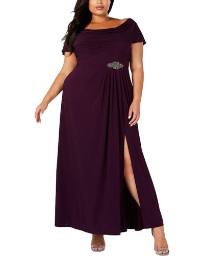 Alex Evenings Plus Beaded Cowl Neck Formal Dress - Purple