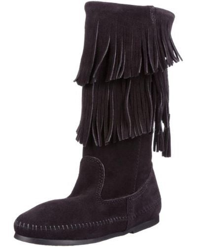 Minnetonka Calf Hi Suede 2 Layer Moccasin Boots - Black