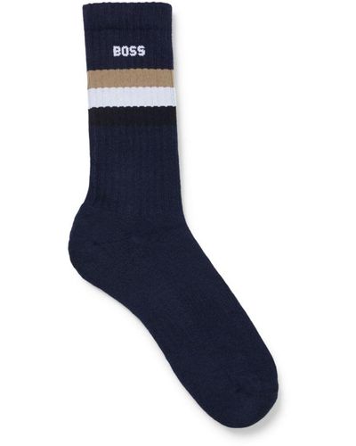 BOSS Quarter-length Cotton-blend Socks With Signature Stripe - Blue