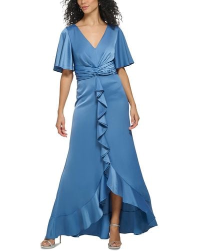 DKNY Satin Flutter Sleeves Evening Dress - Blue