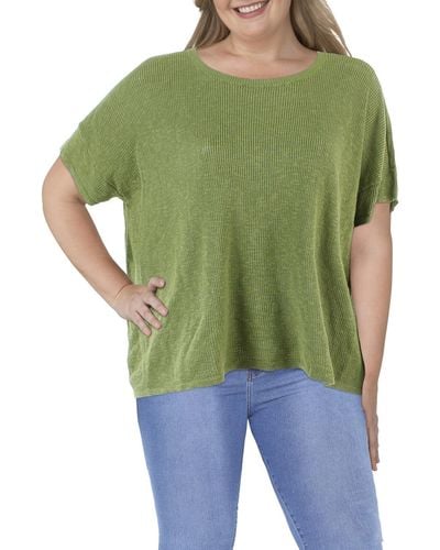 Eileen Fisher Plus Organic Linen Jewel Neck Pullover Sweater - Green