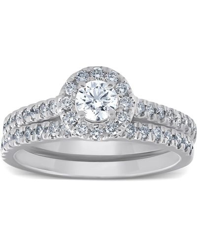 Pompeii3 1ct Halo Round Lab Grown Diamond Engagement Matching Wedding Ring Set White Gold - Metallic