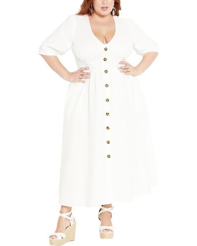 City Chic Plus Button Linen Maxi Dress - White